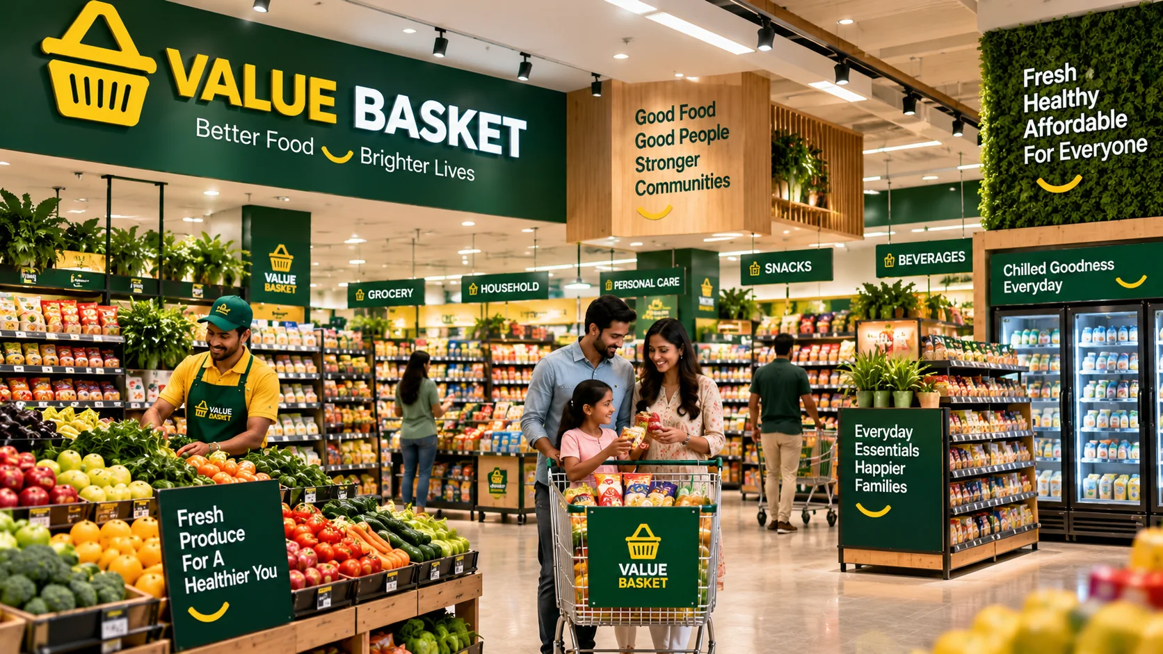 Value Basket staff assisting a customer in a supermarket